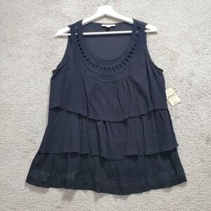 Coldwater Creek Tank Top Womens L Black Cotton Tiered Shell Crochet Embroidered